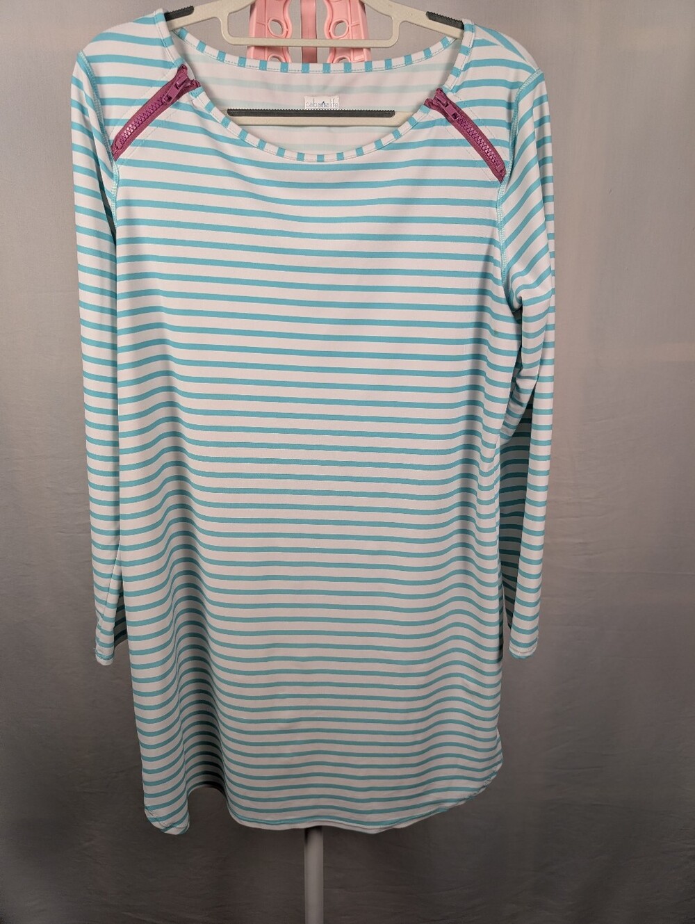 Cabana Life Aqua White Striped Tunic Top Shoulder Zippers UPF Swim Cover Up Larg